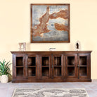 Reclaimed teak furniture sideboard with glass doors, rustic living room furniture with boho style, 257 × 46 × 100 cm.