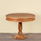 round solid wood dining table made from reclaimed teak with carved pedestal base; rustic reclaimed teak wood dining table, 100 cm diameter × 78 cm height.