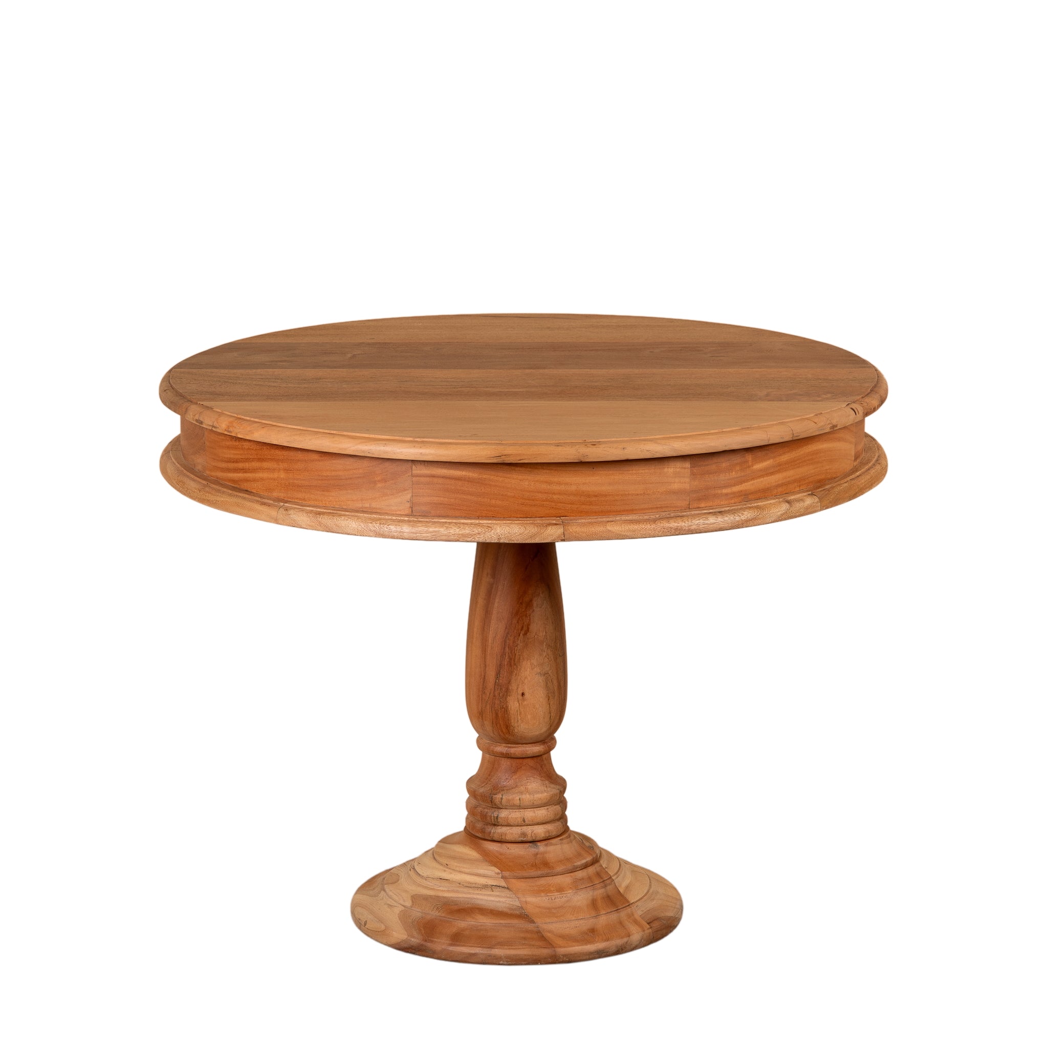White background image of a round solid wood dining table made from reclaimed teak with carved pedestal base; rustic reclaimed teak wood dining table, 100 cm diameter × 78 cm height.