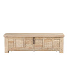 White background image of a Ibiza style carved mango wood chest with sandblasted finish and iron lock; 150 × 40 × 45 cm.