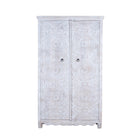 White background image of a hand carved white washed mango wood wardrobe in vintage design.