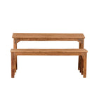 White background image of a teak wood bench set made from refurbished wood with hand-carved detailing and rustic finish, 120 × 30 × 65 cm.