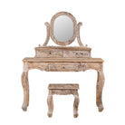 White background image of a handcrafted mango wood cosmetic table with a curved mirror and matching stool, showcasing a vintage style with a beige finish.