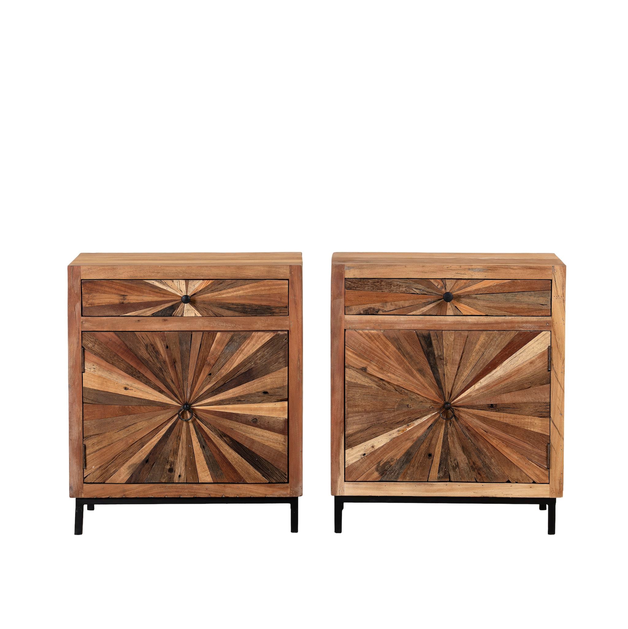 White background image of a driftwood cabinet with sunburst front pattern and iron legs, one drawer and cabinet; looks great as sink base cabinet or accent furniture, 63 × 40 × 73 cm.