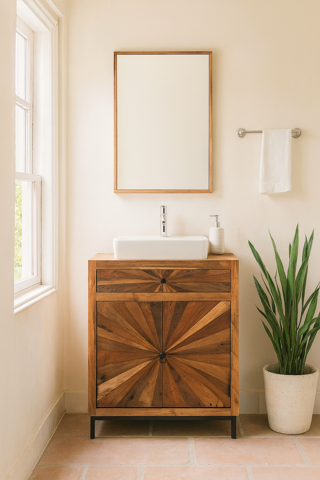 Lifestyle idea for a driftwood cabinet with sunburst front pattern and iron legs, one drawer and cabinet; looks great as sink base cabinet or accent furniture, 63 × 40 × 73 cm.