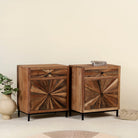 Side angle image of a driftwood cabinet with sunburst front pattern and iron legs, one drawer and cabinet; looks great as sink base cabinet or accent furniture, 63 × 40 × 73 cm.