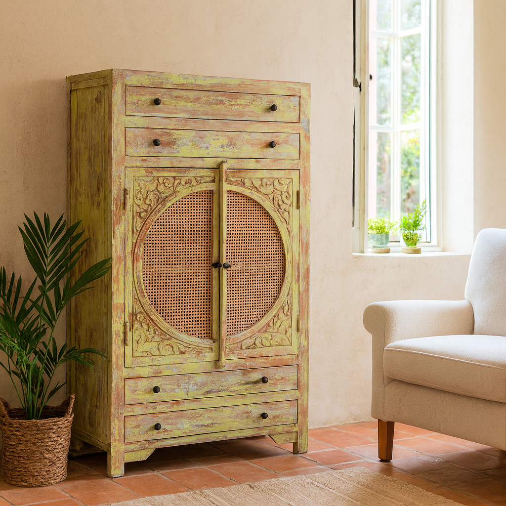 Green-washed mango wood cabinet with floral carvings, rattan door inserts, versatile living room furniture, 80 × 148 × 40 cm.
