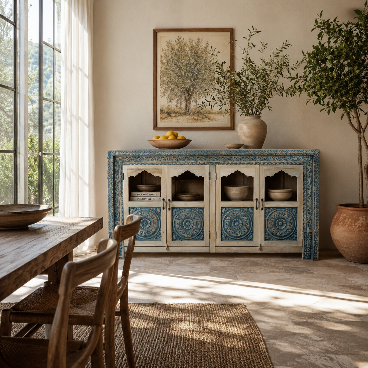 Lifestyle image of a hand carved showcase made of natural mango wood in white washed with blue floral accents and half glass doors in vintage design.