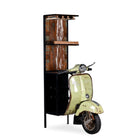 White background image of Ahana high bar table featuring the front half of a vintage Bajaj scooter, with tall wooden shelving and an industrial metal frame, designed for stylish bar storage.