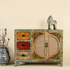 Hand painted sideboard Ashara made of mango wood with rattan inserts; Ibiza-inspired boho chic furniture, 120 × 40 × 92 cm.