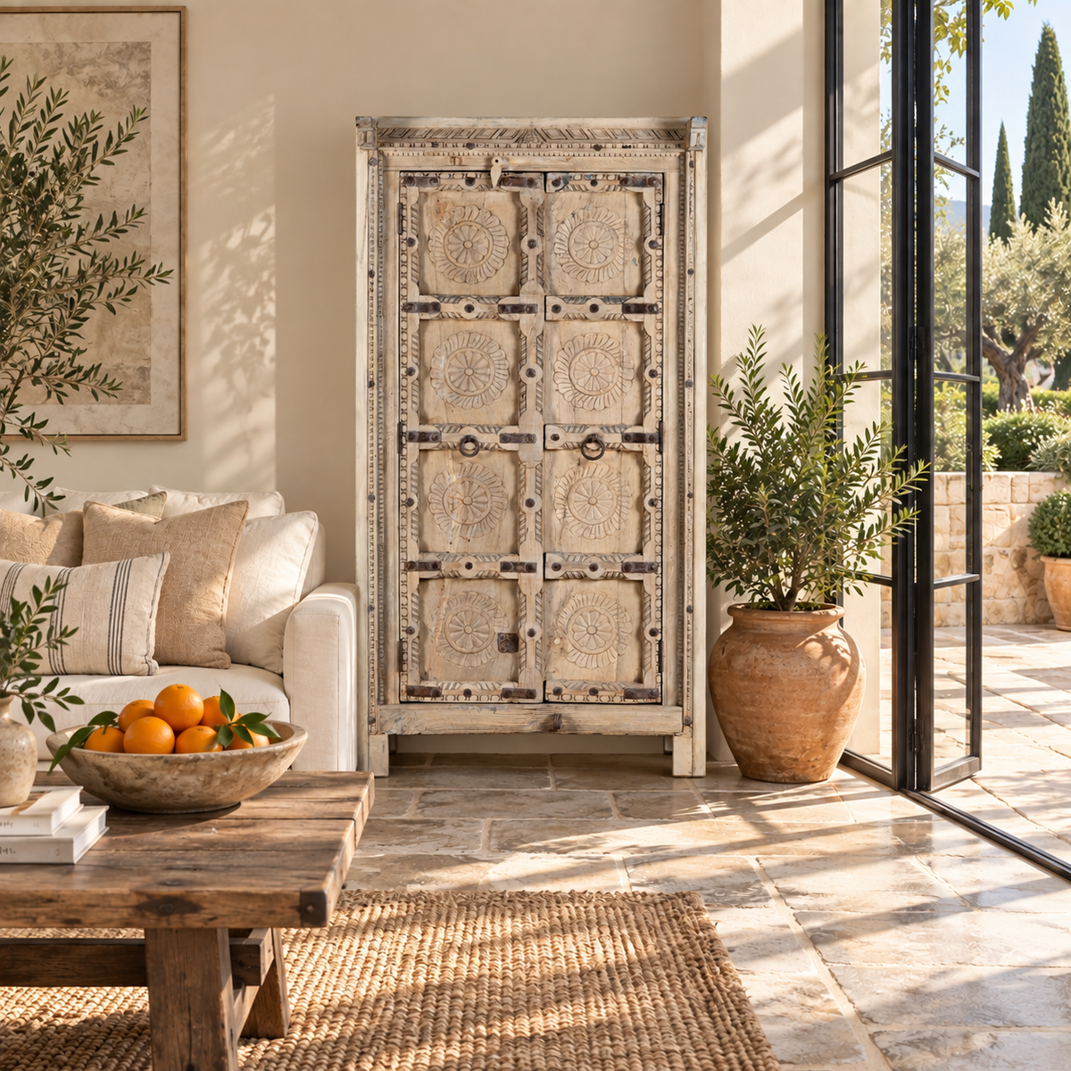 Lifestyle image of a reclaimed teak wood cabinet Ahara with Mediterranean design, featuring hand-carved antique Indian doors and metal accents. A unique piece of old door furniture ideal for stylish, character-rich living room storage.