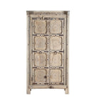 White background image of a reclaimed teak wood cabinet Ahara with Mediterranean design, featuring hand-carved antique Indian doors and metal accents. A unique piece of old door furniture ideal for stylish, character-rich living room storage.