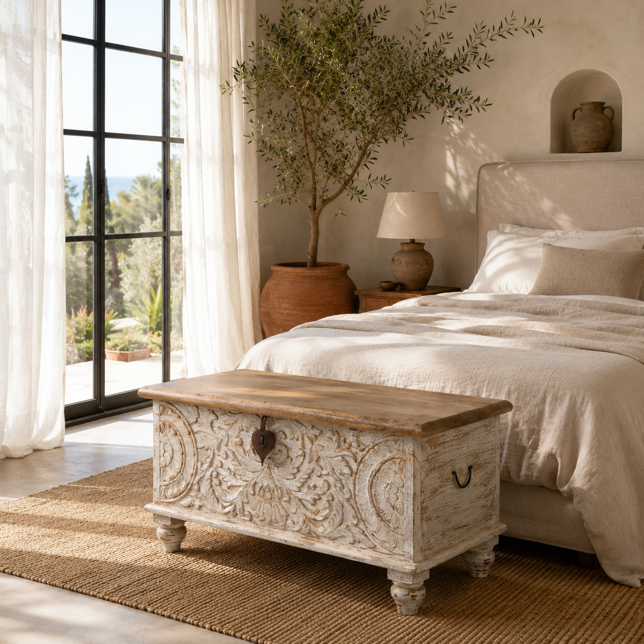 Ahil hand carved mango wood storage box with floral front panels, whitewashed finish, natural wood top, and iron side handles.