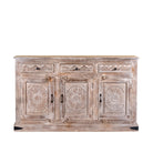 White background image of a Abhiraj hand carved mango wood sideboard with distressed cream finish, three drawers and three doors, 150cm