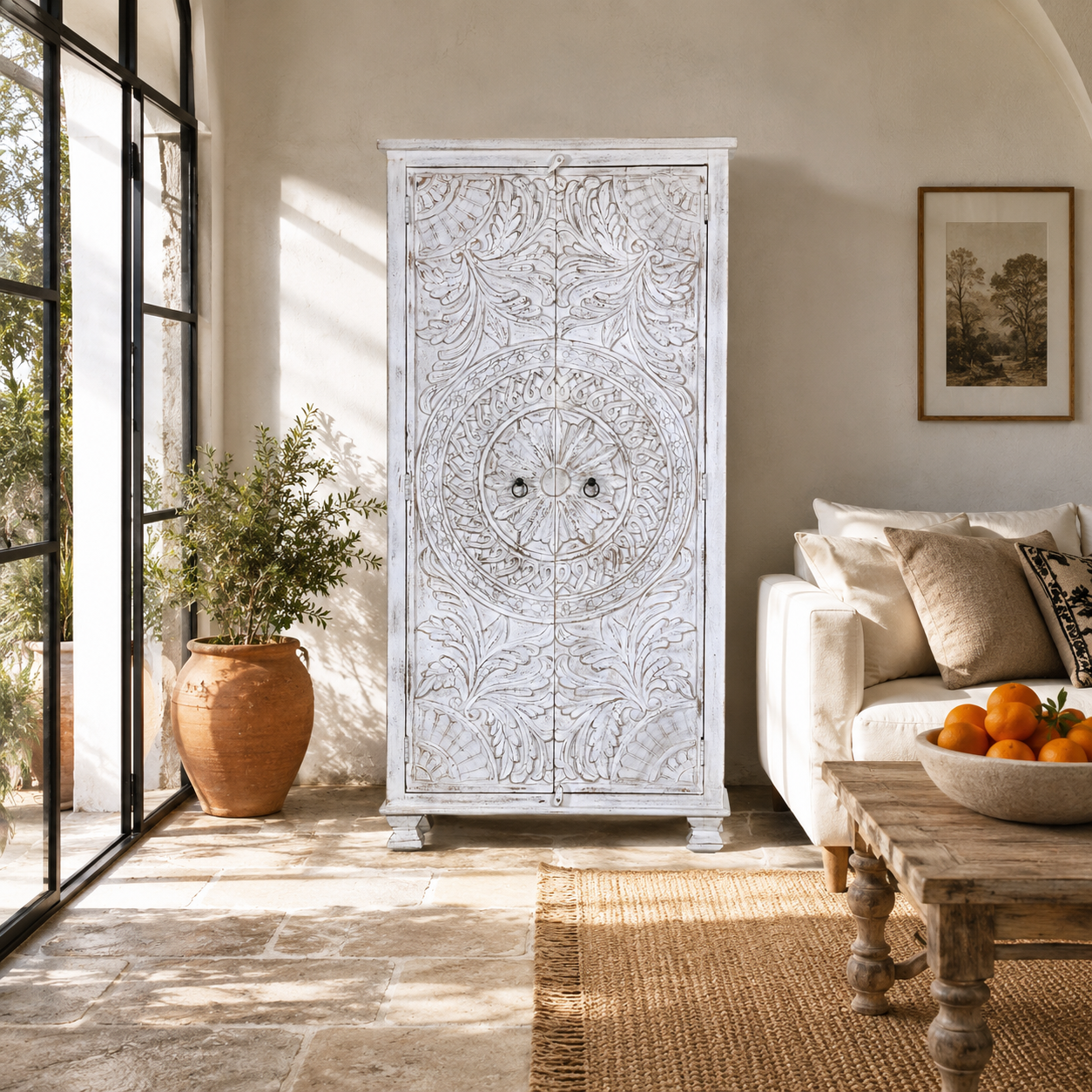 Aila handcrafted solid mango wood wardrobe with intricately hand-carved Indian doors, four spacious storage compartments, natural wood grain, and Mediterranean-inspired design, 180cm.