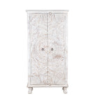 White background image of an Aila handcrafted solid mango wood wardrobe with intricately hand-carved Indian doors, four spacious storage compartments, natural wood grain, and Mediterranean-inspired design, 180cm.