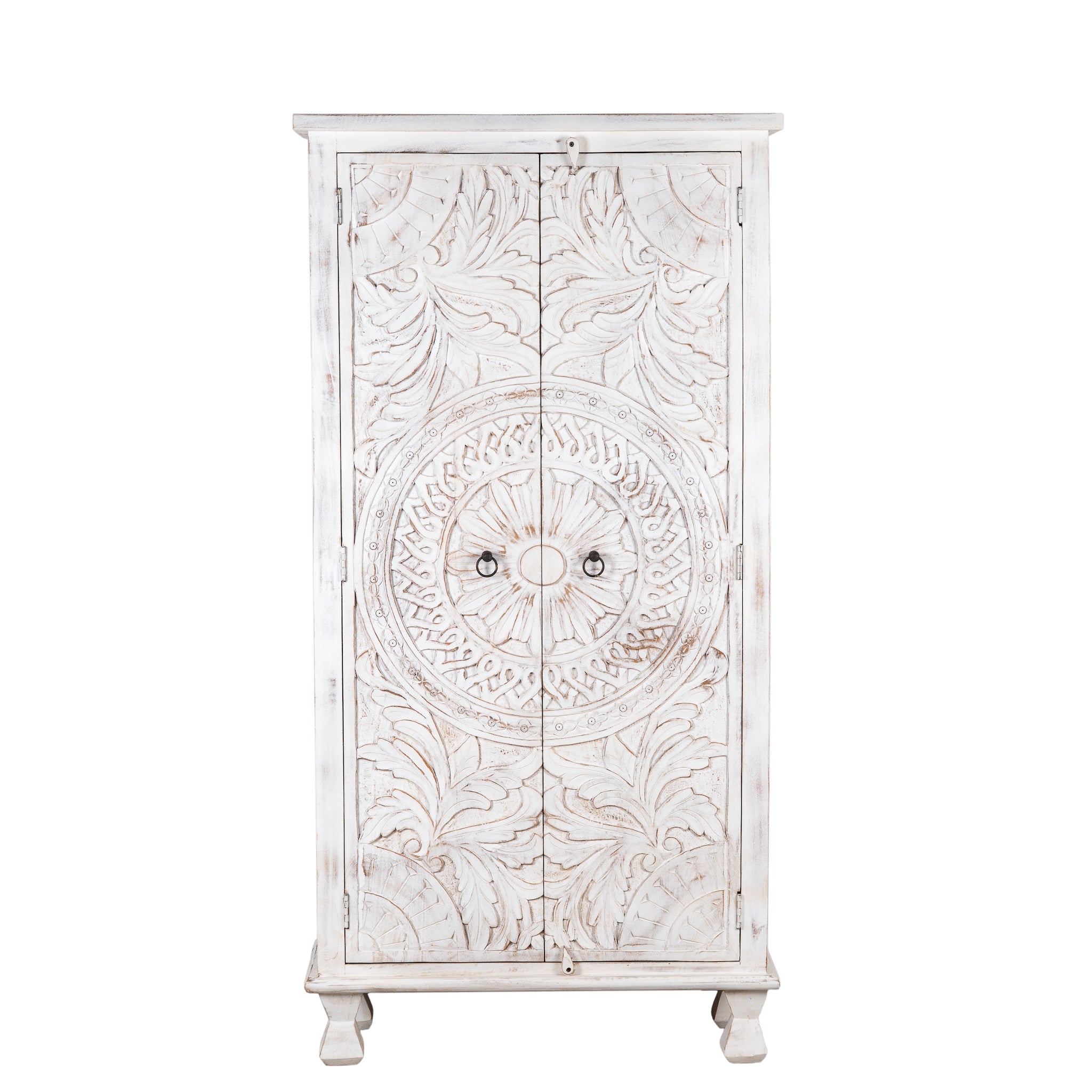 White background image of an Aila handcrafted solid mango wood wardrobe with intricately hand-carved Indian doors, four spacious storage compartments, natural wood grain, and Mediterranean-inspired design, 180cm.