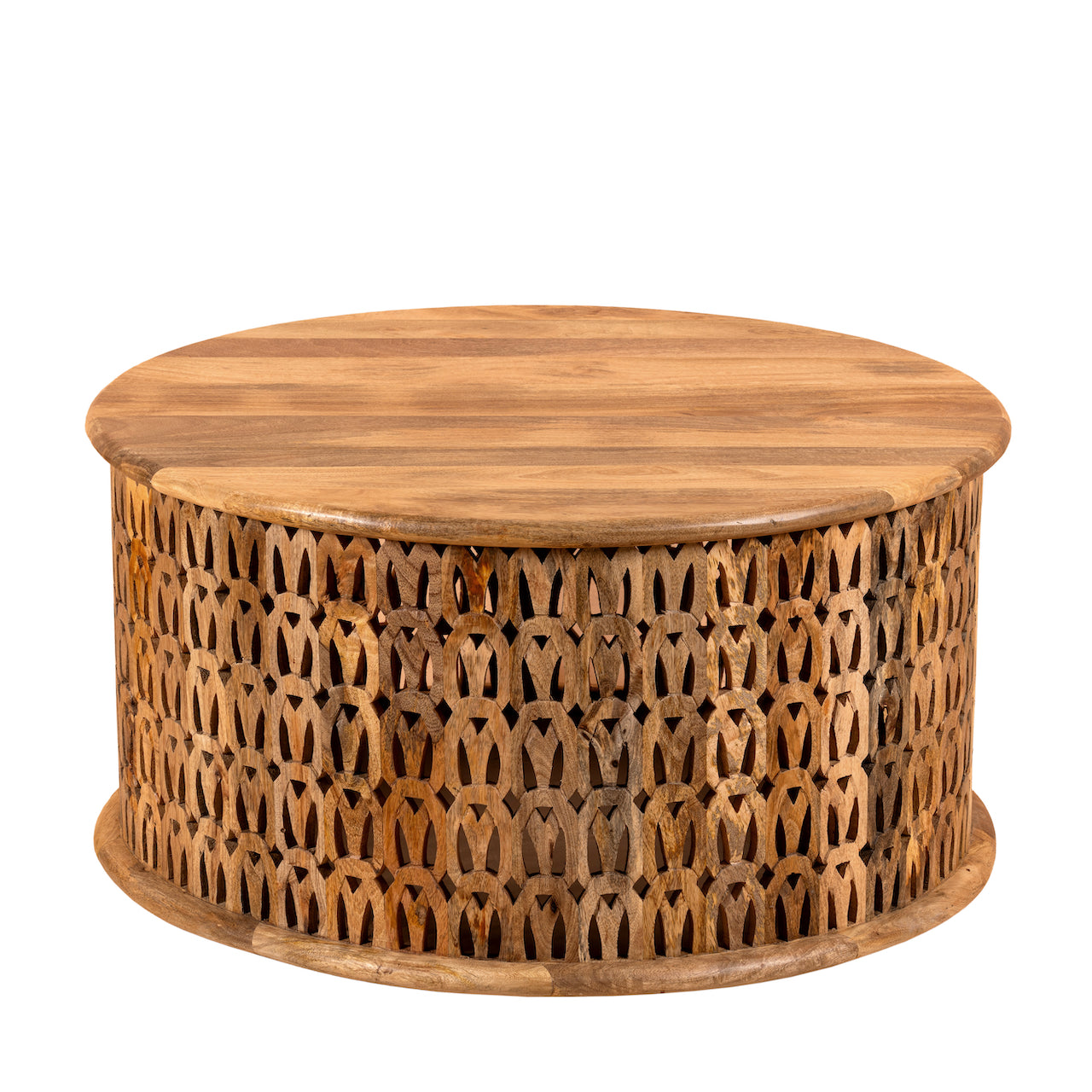 White backround image of a round mango wood coffee table with hand-carved lattice base and smooth natural top; carved coffee table mango wood, 90 cm diameter, 45 cm height.