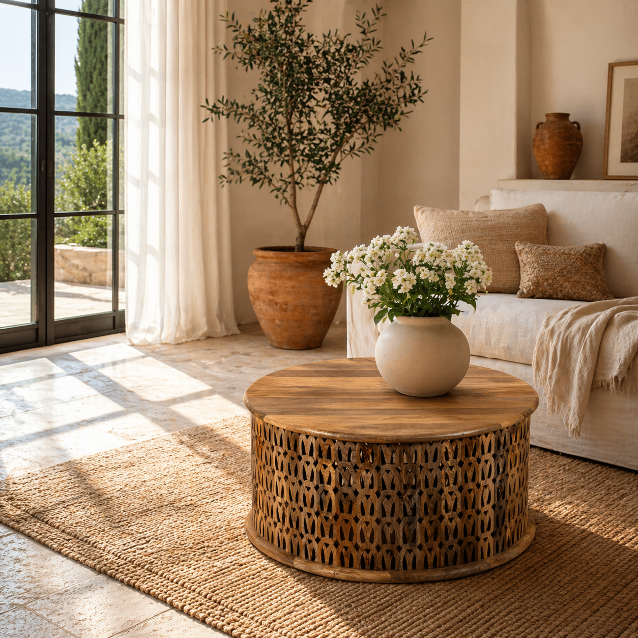 Lifestyle image of a round mango wood coffee table with hand-carved lattice base and smooth natural top; carved coffee table mango wood, 90 cm diameter, 45 cm height.
