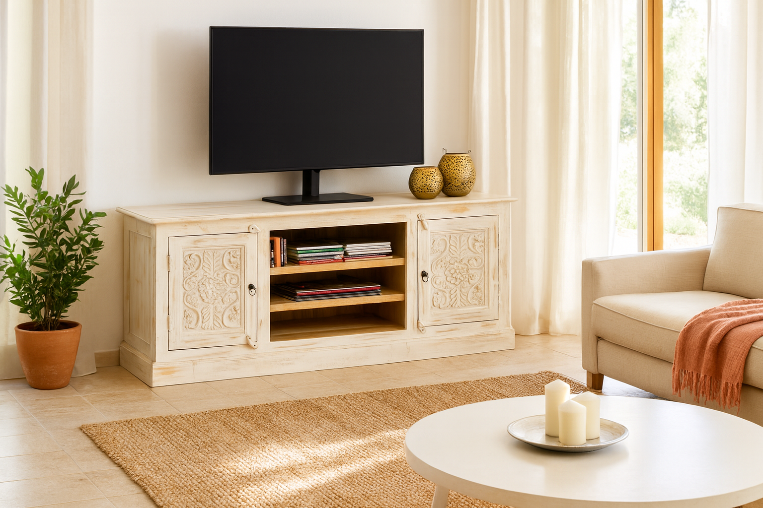 Lifestyle image of a hand carved lowboard made from mango wood with floral doors and open compartments; wooden TV unit, 150 × 60 × 40 cm.