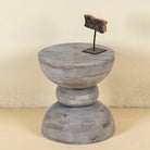 Vintage style mango wood coffee table with rounded form and grey-washed finish; compact rustic accent table, 40 cm diameter, 46 cm height.