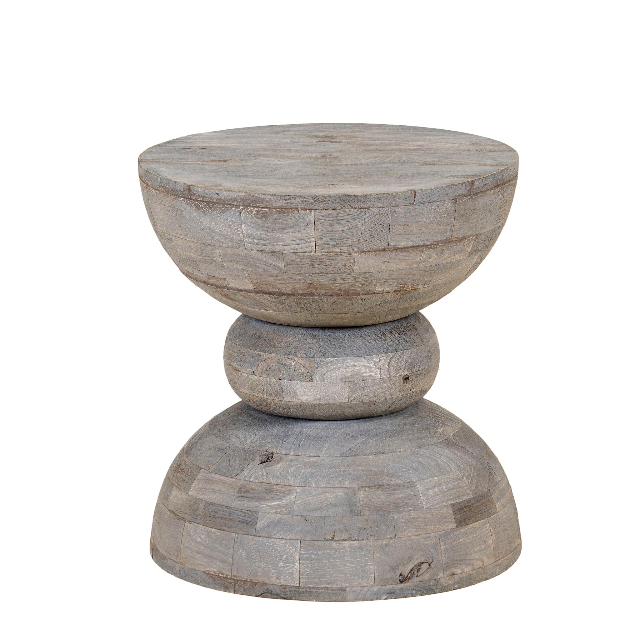 White background image of a vintage style mango wood coffee table with rounded form and grey-washed finish; compact rustic accent table, 40 cm diameter, 46 cm height.
