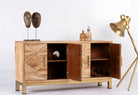 Side angle image with open doors of a Handcrafted mango wood sideboard with star-carved doors and brass-plated iron stand—an artisanal furniture piece blending minimalistic and rustic design elements.