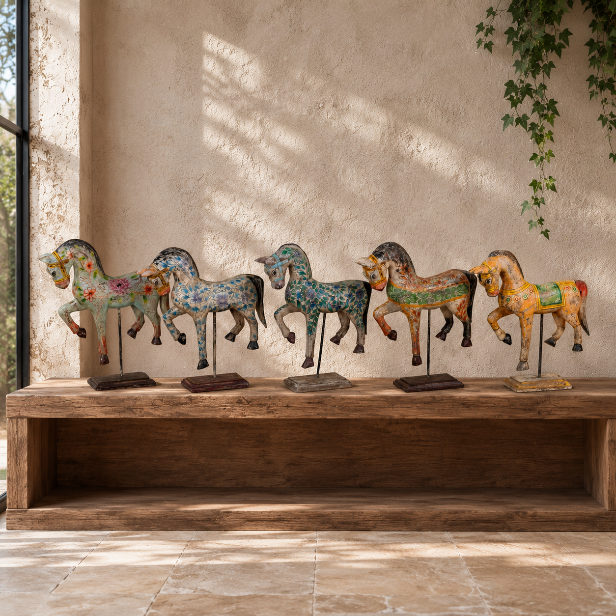 Lifestyle image of a Aksham hand painted wooden horse sculpture on an iron stand with colourful floral and ornamental detailing, 40x15x30cm.