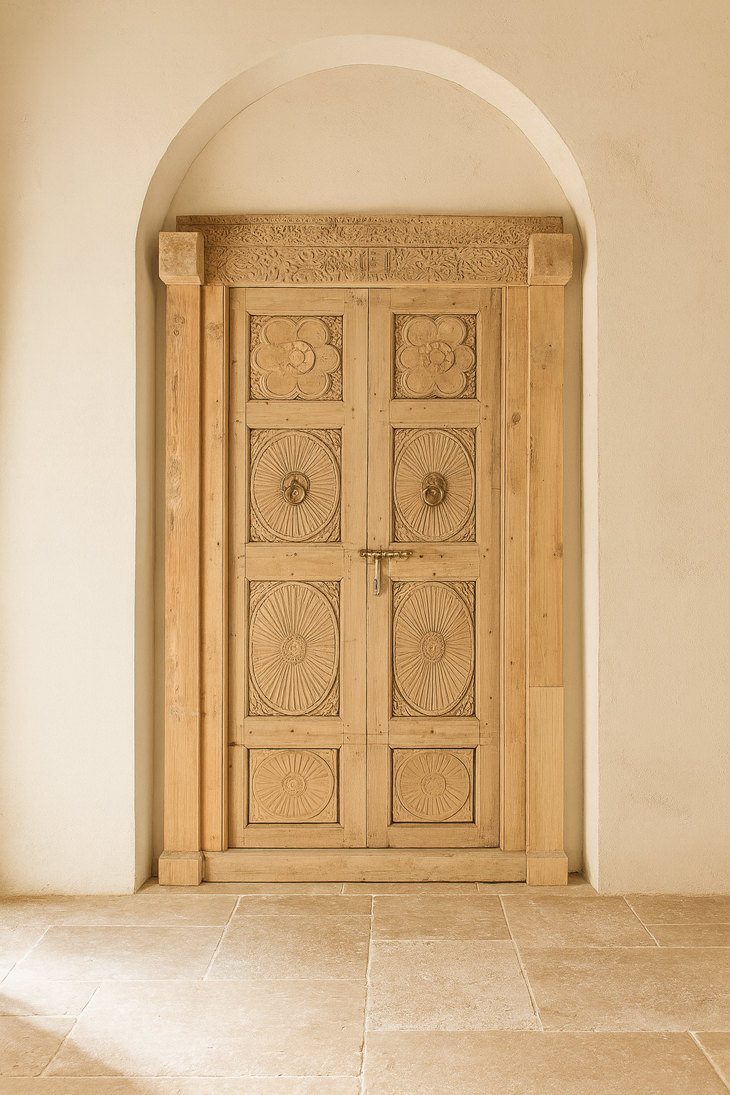 Wooden door with decorative carvings in a beige archway.