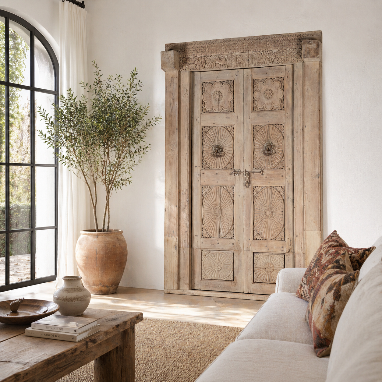 Lifestyle image of a hand carved antique Indian teak wood door with frame and floral design.