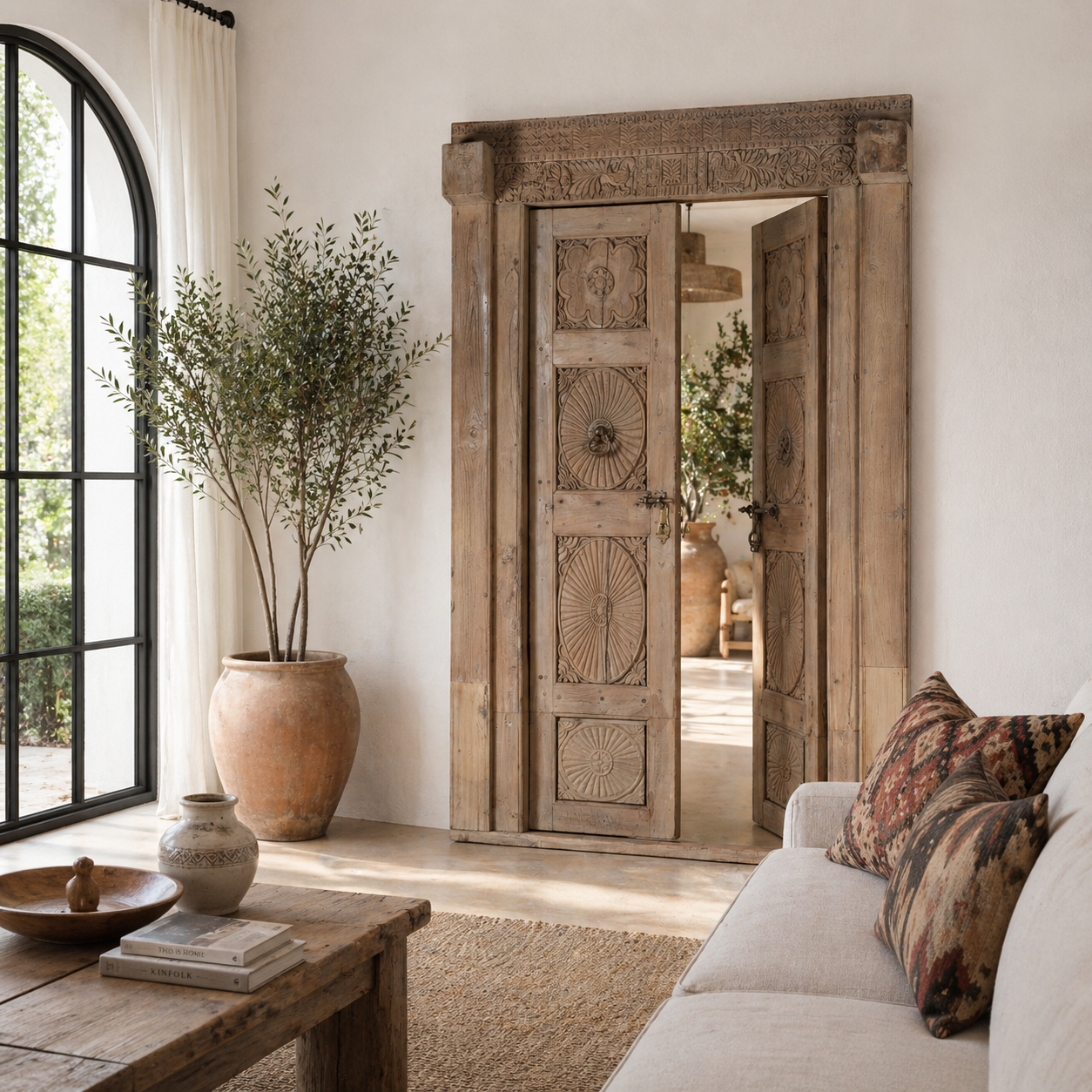Lifestyle image of a hand carved antique Indian teak wood door with frame and floral design.