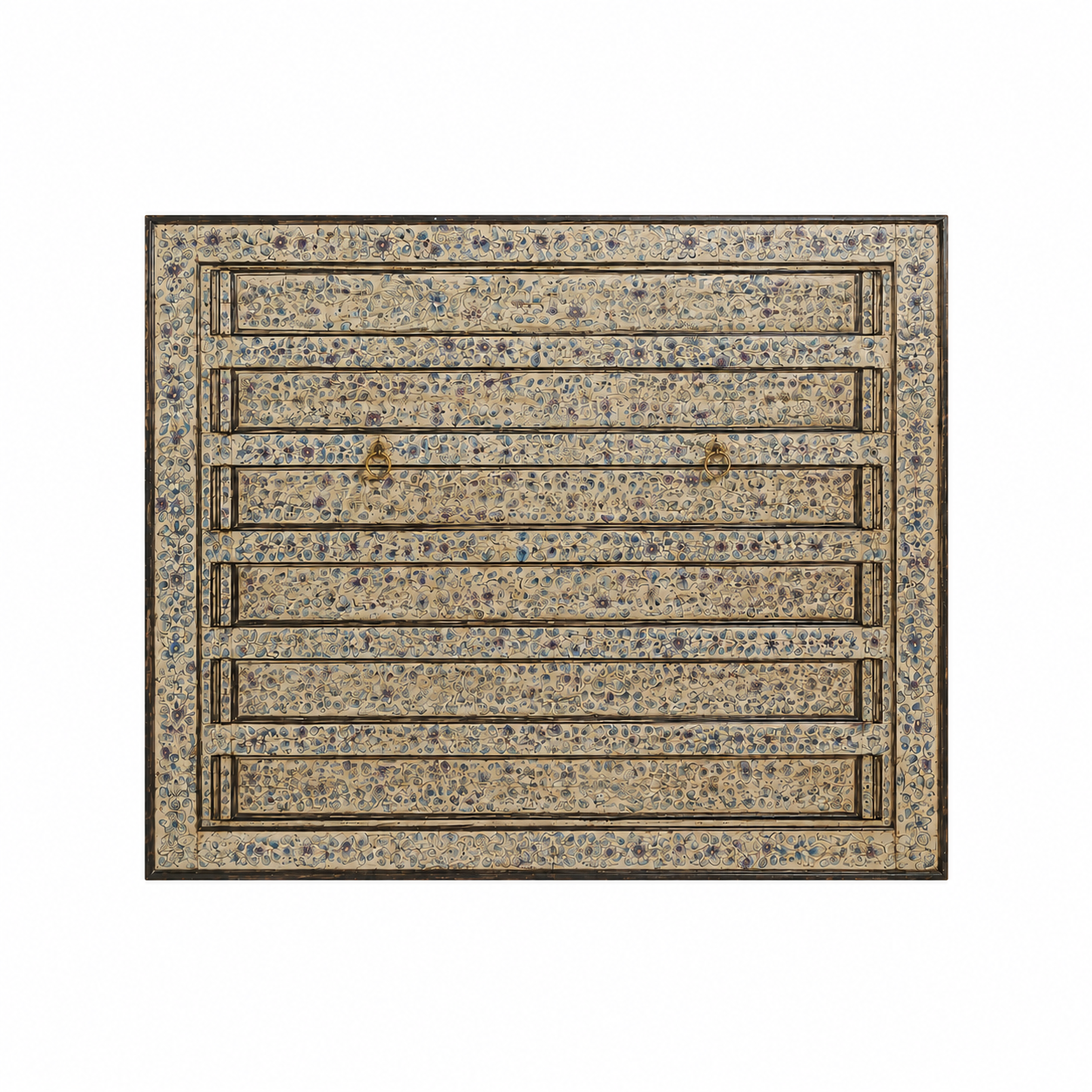 White background image with a Akshi hand painted head board made from an antique Indian teak door, featuring traditional floral motifs in blue and cream and original iron hardware—an elegant example of hand painted head boards and authentic Indian headboards.