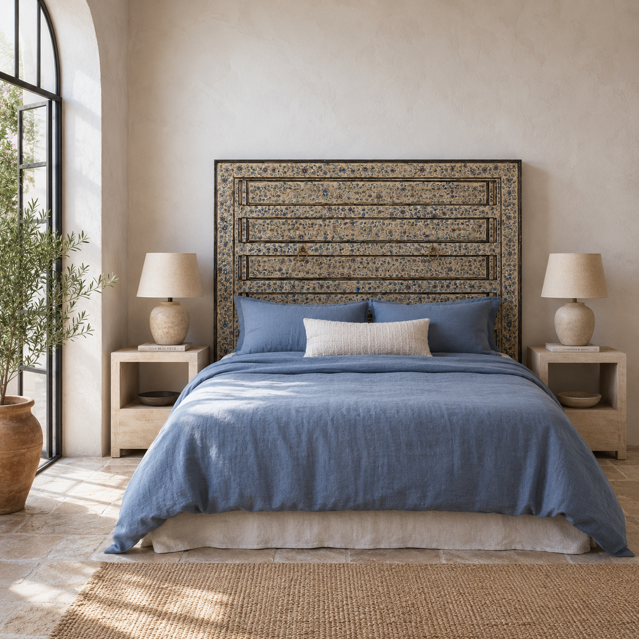 Lifestyle image with a Akshi hand painted head board made from an antique Indian teak door, featuring traditional floral motifs in blue and cream and original iron hardware—an elegant example of hand painted head boards and authentic Indian headboards.