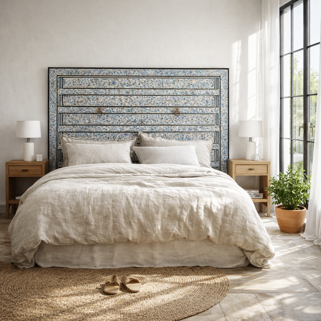 Lifestyle image with a Akshi hand painted head board made from an antique Indian teak door, featuring traditional floral motifs in blue and cream and original iron hardware—an elegant example of hand painted head boards and authentic Indian headboards.