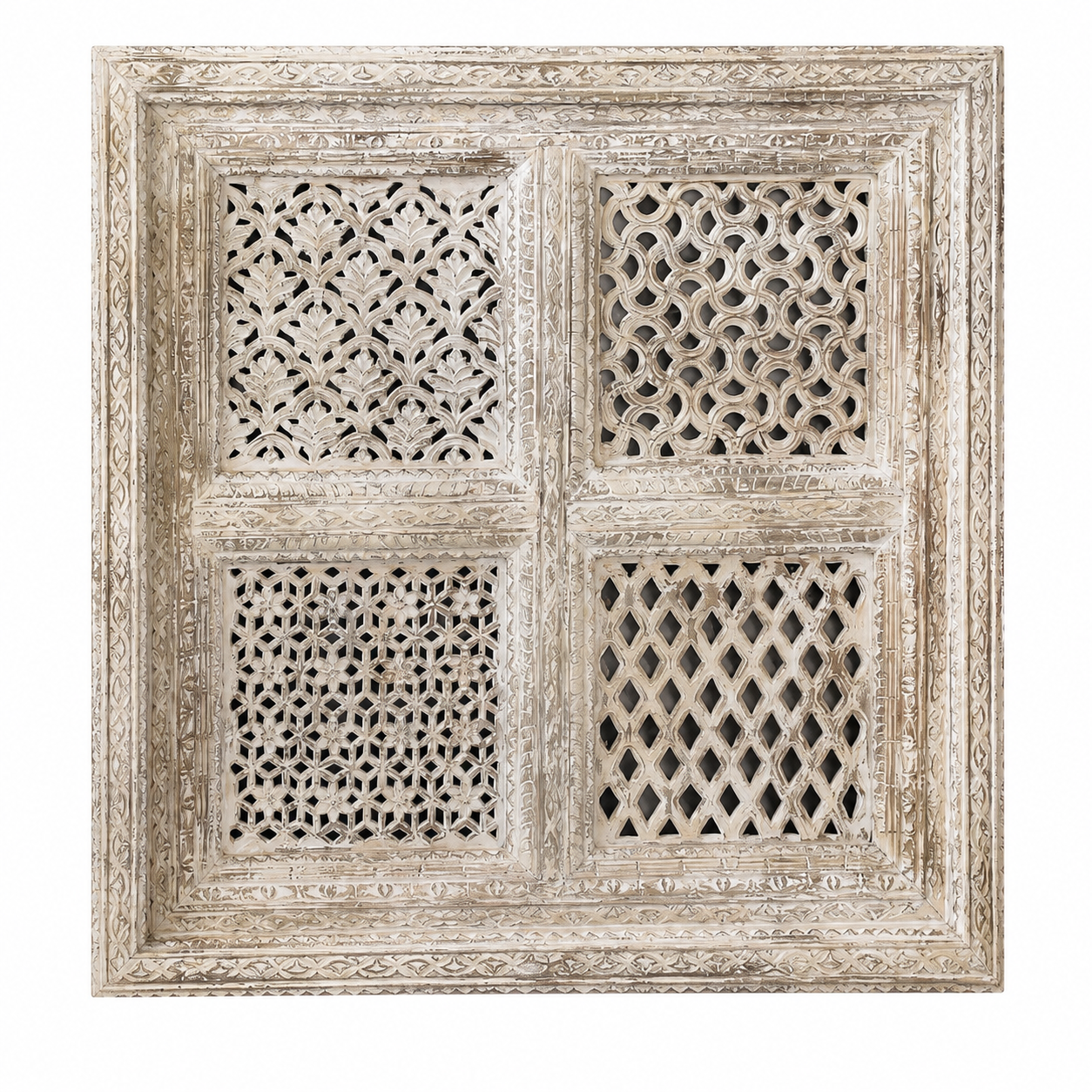 White background image of a square mango wood wall panel Akupara with intricate hand-carved detailing in soft, natural tones. A piece of unique wooden wall art perfect for wood wall decoration and carved wood furniture collections.