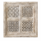 White background image of a square mango wood wall panel Akupara with intricate hand-carved detailing in soft, natural tones. A piece of unique wooden wall art perfect for wood wall decoration and carved wood furniture collections.
