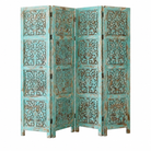 White background image of a hand-carved green mango wood folding room divider with delicate carved patterns, natural variations, and warm boho style for unique interiors.