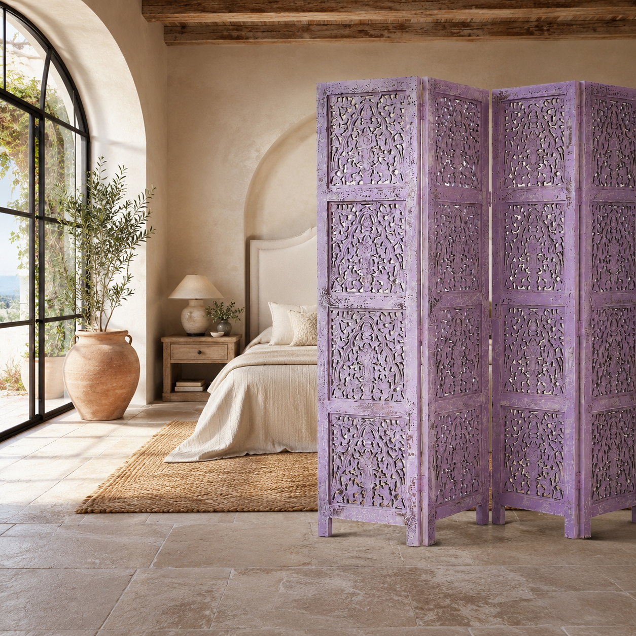 Lifestyle image of a Alag Violet hand carved mango wood folding room divider with decorative carved panels 180cm