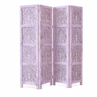 White background image of a Alag Violet hand carved mango wood folding room divider with decorative carved panels 180cm