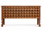 White background image of a antique door console table handcrafted from reclaimed teak wood with original paint; teak wood console, 180 × 90 × 43 cm.
