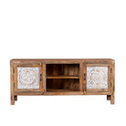 White background image of a wood carved sideboard Alka, Indian furniture made from mango wood with floral carvings, whitewashed finish, 150 × 40 × 60 cm.