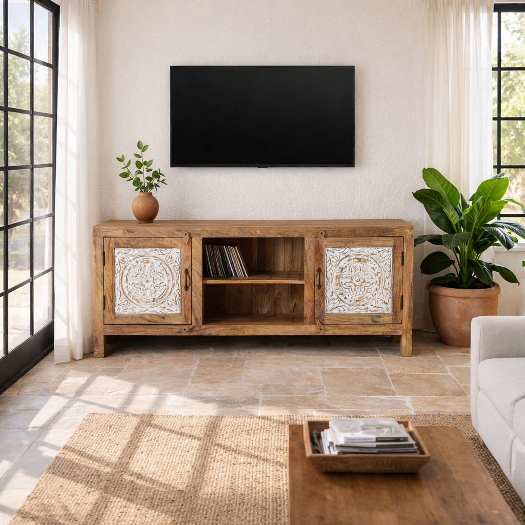 Lifestyle image of a wood carved sideboard Alka, Indian furniture made from mango wood with floral carvings, whitewashed finish, 150 × 40 × 60 cm.