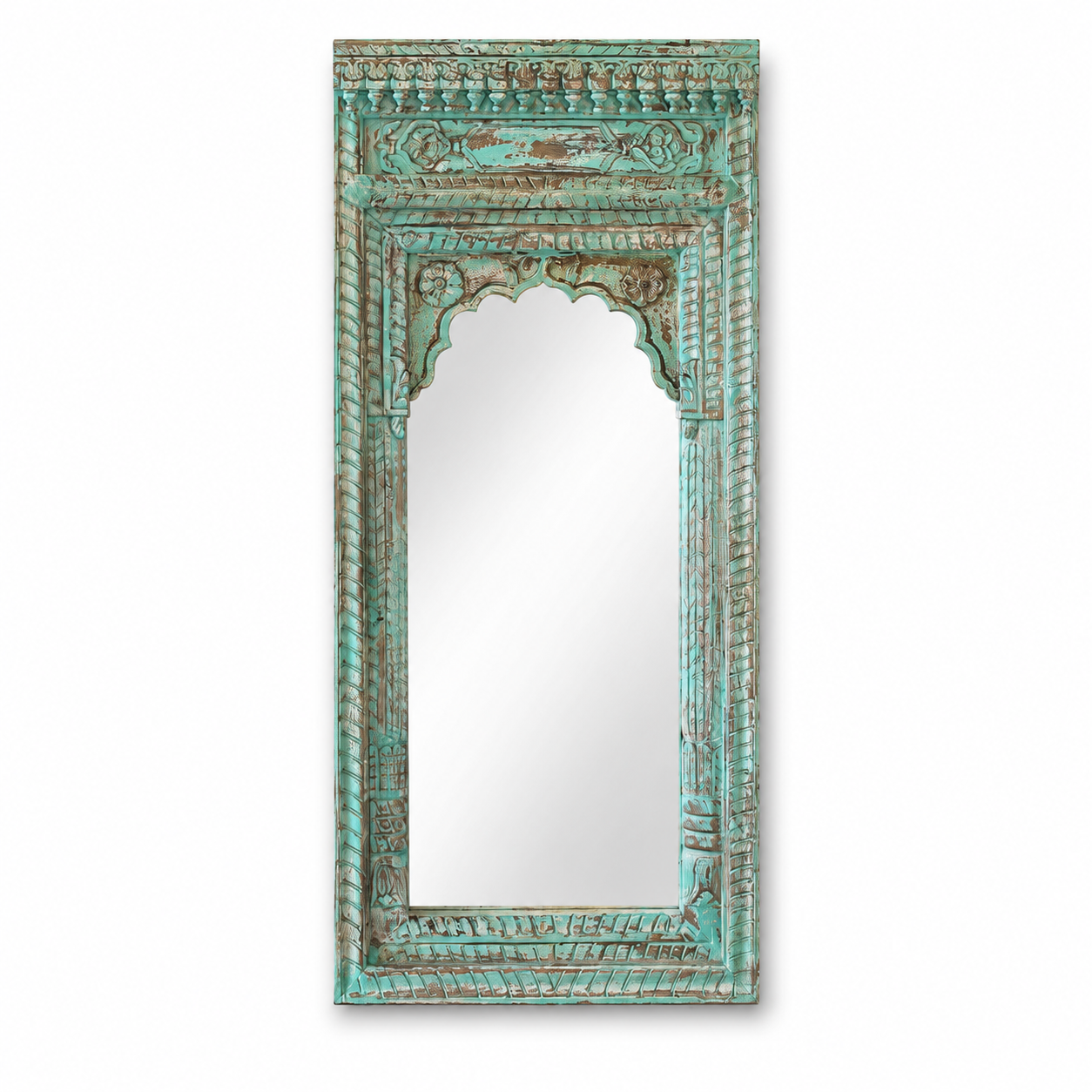 White background image of a hand carved wooden mirror made from antique Indian window frame, vintage green finish; 145 × 70 × 10 cm.