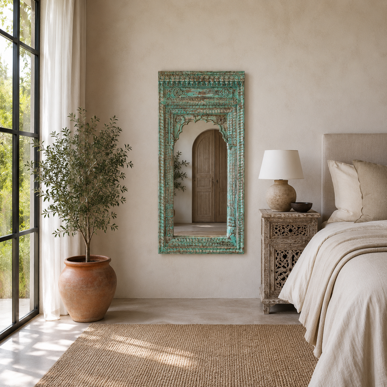 Lifestyle image of a hand carved wooden mirror made from antique Indian window frame, vintage green finish; 145 × 70 × 10 cm.