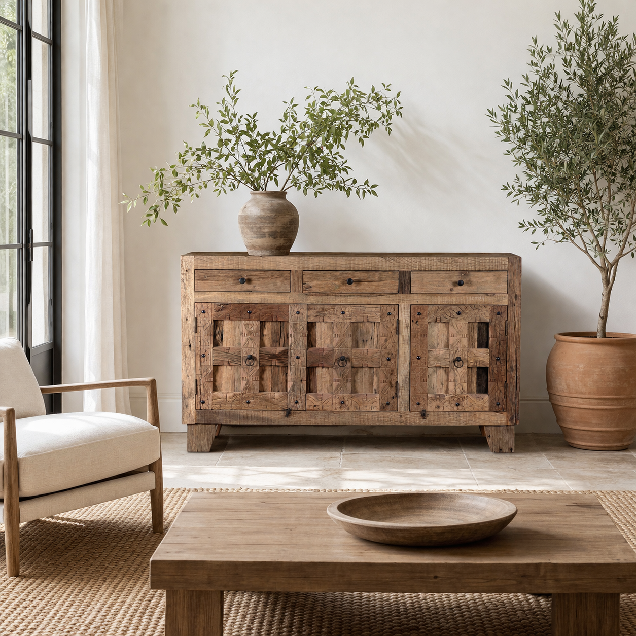 Lifestyle imagination of a rustic design sideboard made from reclaimed wood with panelled doors, drawers, and iron accents; 150 × 40 × 90 cm.