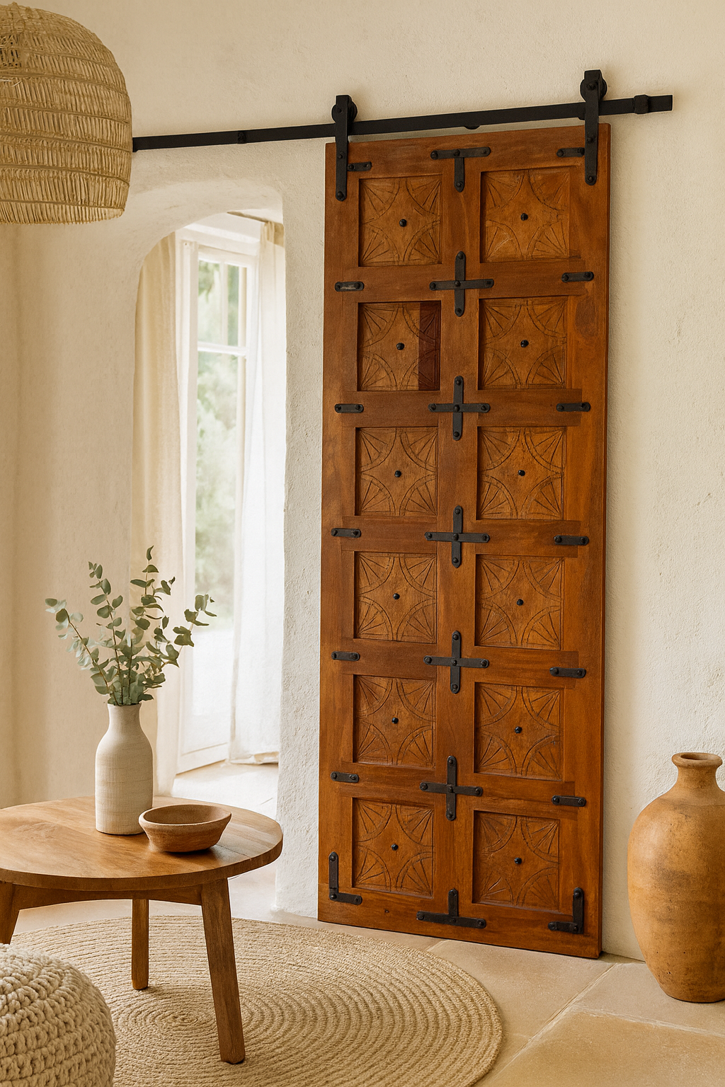 Wooden sliding door in a room with a table, vase, and plant.