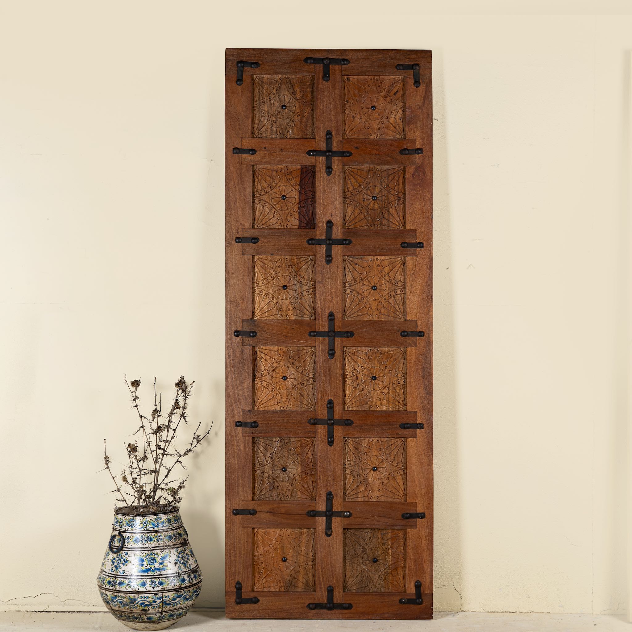 Amar sliding door panel, reclaimed wood Indian door with carvings and iron fittings, vintage wall panel design, 80 × 5 × 220 cm.