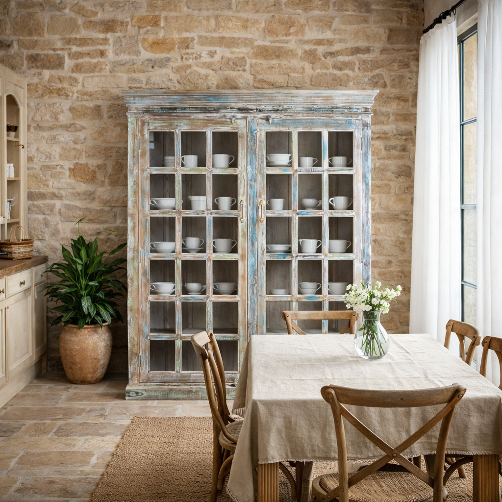 Lifestyle image of a reclaimed wood display cabinet Amara with distressed turquoise finish and glass-panelled doors. Sustainable living room furniture and vintage furniture piece with spacious shelving and authentic patina.