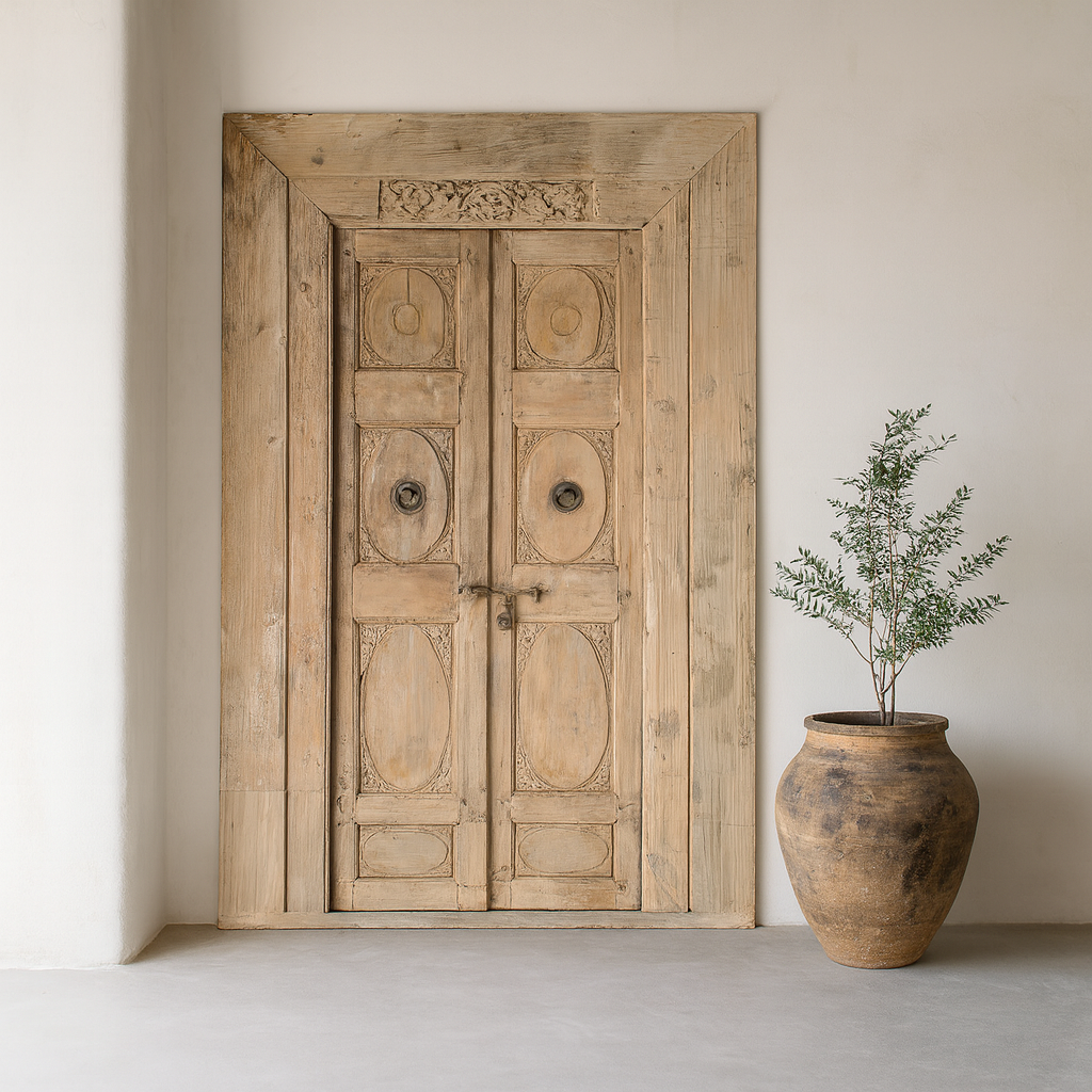 Vintage wooden door with intricate carvings and a matching vase with a plant on a plain background
