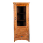 White background image of an antique reclaimed teak wood display cabinet with glass door, honey wax finish, and lower drawer – unique furniture showcasing traditional Indian craftsmanship.
